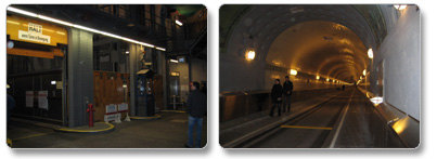 エルベ川底トンネル　自動車用エレベーター（左）とトンネル(全長426 m) （右）